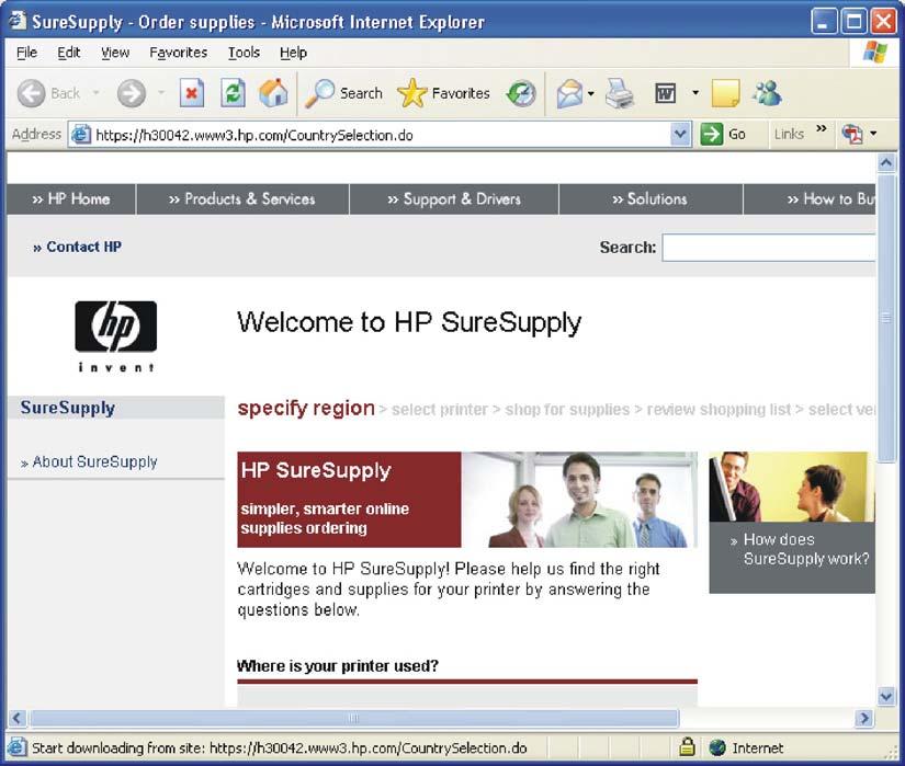 Figure 4-17 Welcome to HP SureSupply screen On the Supplies Ordering page, click Cancel to return to the My HP Printers screen.