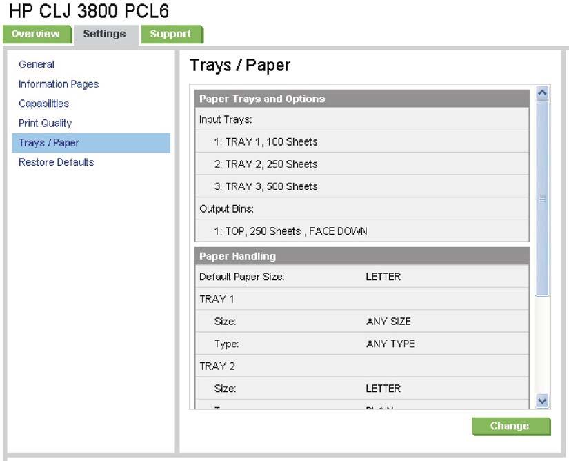 Trays/Paper The Trays / Paper screen, shown in the following figure, provides tray-configuration settings for the printer.