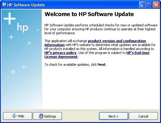 Figure 4-46 Welcome to HP Software Update dialog box Click Help for information about HP Software Update features. Click Settings to configure the HP Software Update software.