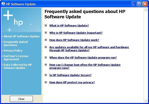Figure 4-47 About HP Software Update dialog box Click Frequently Asked Questions to open the Frequently asked questions about HP Software Update dialog box, as shown in the following figure.