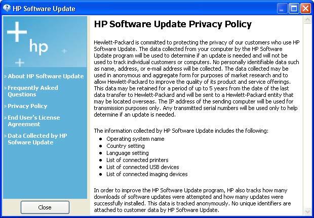 Figure 4-49 HP Software Update Privacy Policy dialog box Click End User's License Agreement to