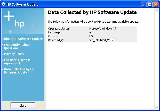 Figure 4-51 Data Collected by HP Software Update dialog box Settings From the Welcome to HP Software Update dialog box, click Settings