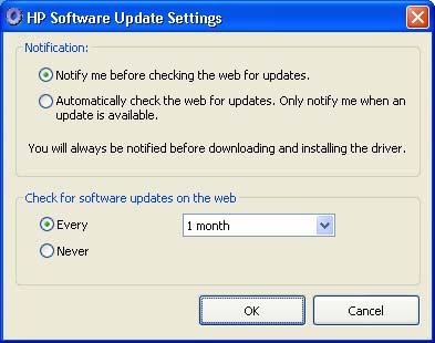 Figure 4-52 HP Software Update Settings Below Notification, select one of the following options: Notify me before checking the web for