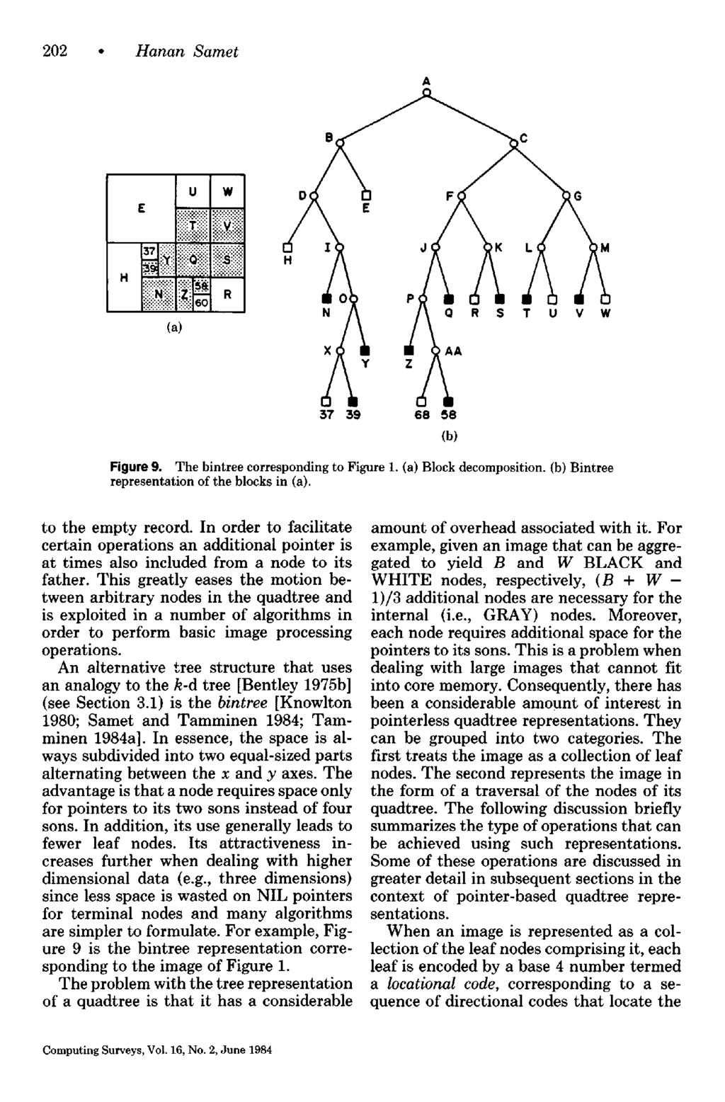 202 Hanan Samet A u w (a) 37 39 68 ~8 (b) Figure 9. The bintree corresponding to Figure 1. (a) Block decomposition. (b) Bintree representation of the blocks in (a). to the empty record.