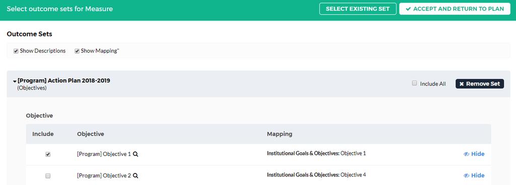 Click Select Set to indicate which Objective relates to the Resource Request being created. Click SELECT EXISTING SET.