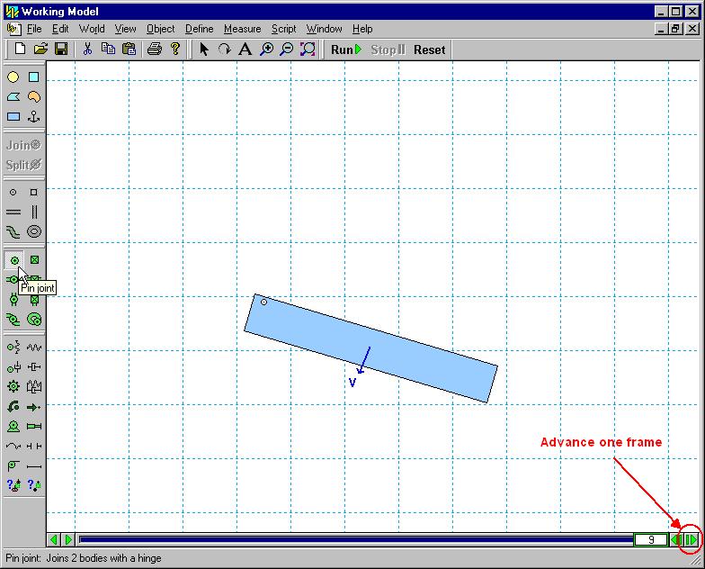 To draw a rectangle, click on the Rectangle tool, then click in the workspace and draw a long thin rectangular block. 3. To run the simulation and see the block fall due to gravity, click. 4.