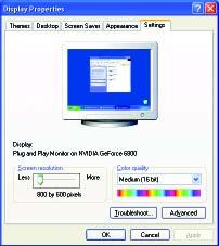The Display Properties dialog box shows the information of display adapter, color, the range of display area, and the refresh rate.