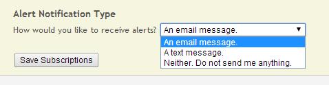Select the Alert Notification Type you want for the student selected. To receive alert notices by e-mail, the parent must select An email message.