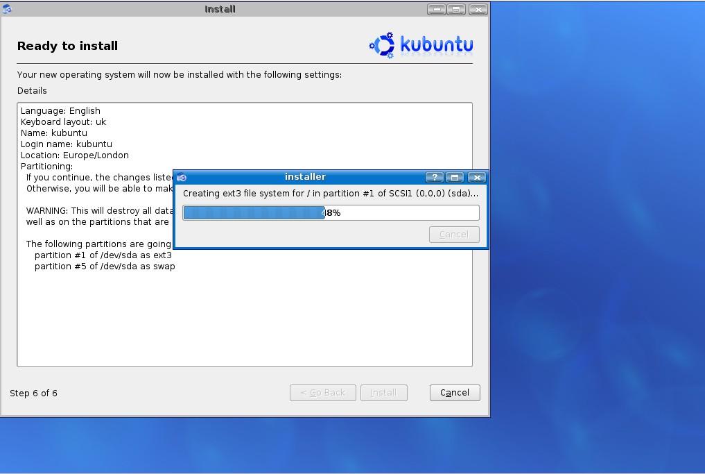 Kubuntu summary of installation the next screen is creating file