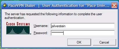click Connect The User Authentication for Pace University dialog box displays.