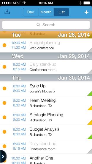 The AT&T Toggle calendar shows the calendar associated with your corporate email address. On an iphone, you can view your calendar in Day, Month, or List views.