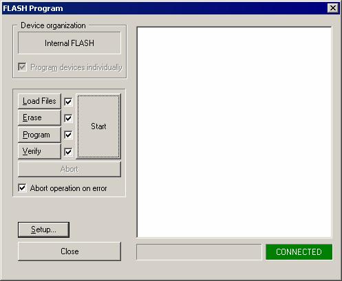 FLASH Program dialog should be invoked from the FLASH menu after the flash programming is configured in the FLASH Programming Setup dialog.