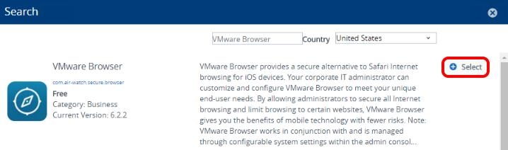 1. Select Apple ios from the Platform dropdown. 2. Enter "VMware Browser" in the Name field. 3. Select Next.