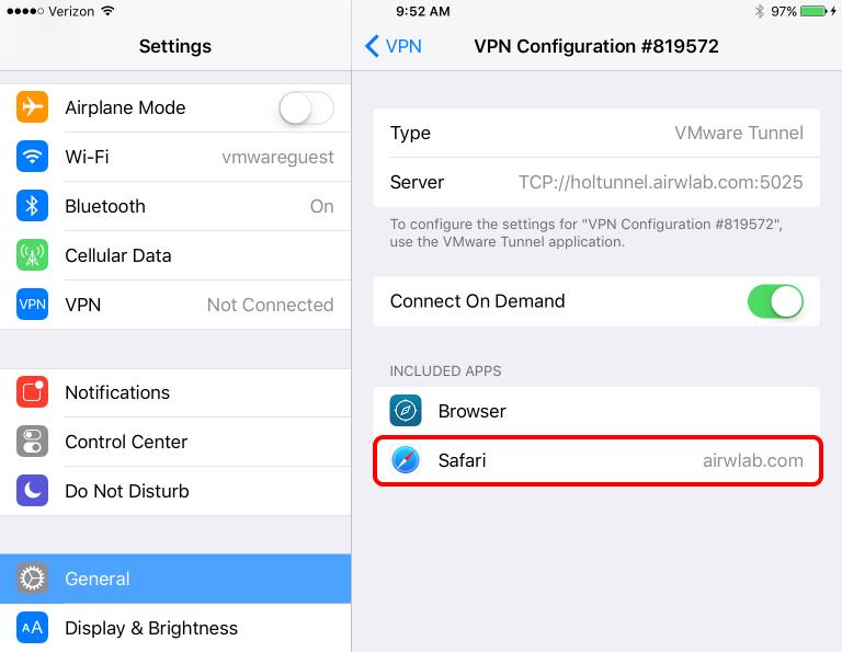 View Included Per-App VPN Apps Note all managed applications from the AirWatch console enabled to use Per-App VPN and domains listed in Safari Domains in the VPN profile will appear in this list.