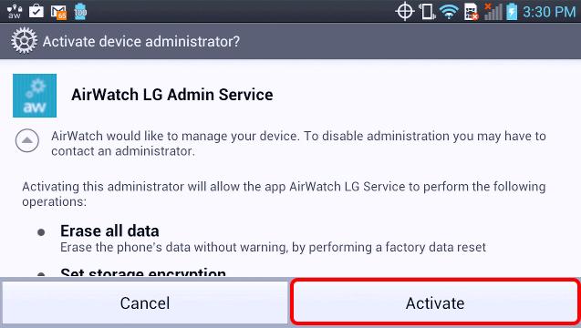 You should now see the "AirWatch [device] Service Installer" screen on your device. NOTE - In the example here, the device used is an LG Phone. Hence, the service is the "AirWatch LG Service".