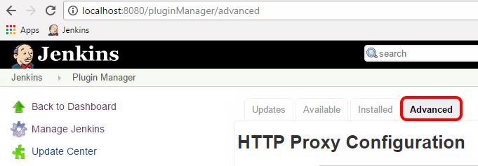 1. Click Manage Jenkins. 2. Click Manage Plugins. Plugin Manager Advanced Settings Click the Advanced tab.