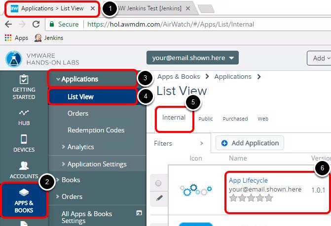 Validate the app upload on AirWatch console 1. Click on the AirWatch tab to open the console. 2. Click on Apps & Books. 3.