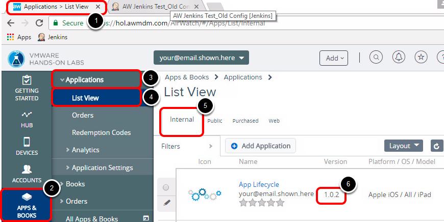 Validate in AirWatch Console 1. Click on the AirWatch console tab to switch. 2. Click Apps & Books. 3.