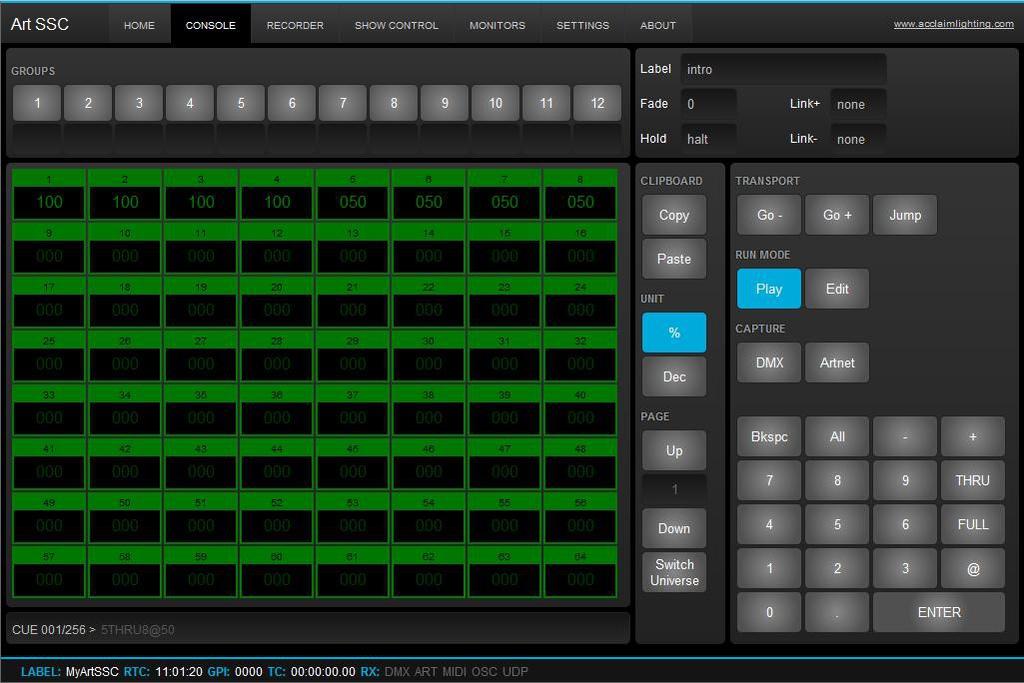 Console The Console page allows you to program and manually playback lighting scenes. Overview A Cue is a lighting scene, a state at which all DMX channels are set to a specific value.