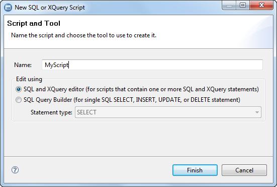 objects that you develop. Creating SQL Statements: Right click on the new project, and select New -> SQL or XQuery Script.