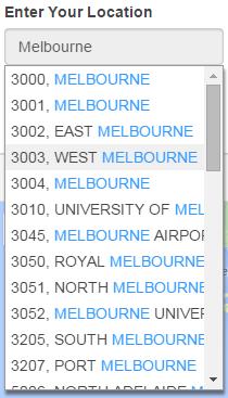 Step 3a: Key in the postcode or suburb in the Enter Your Location text box and select one of the matching suburb selections provided for you.