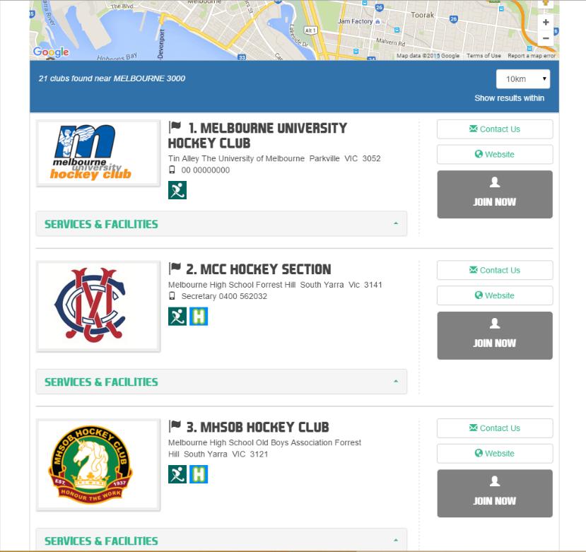 Step 4: Once the Search button is clicked, Club Finder will take a moment to process your query before returning a list of Hockey clubs that match your criteria below the embedded Google Map.