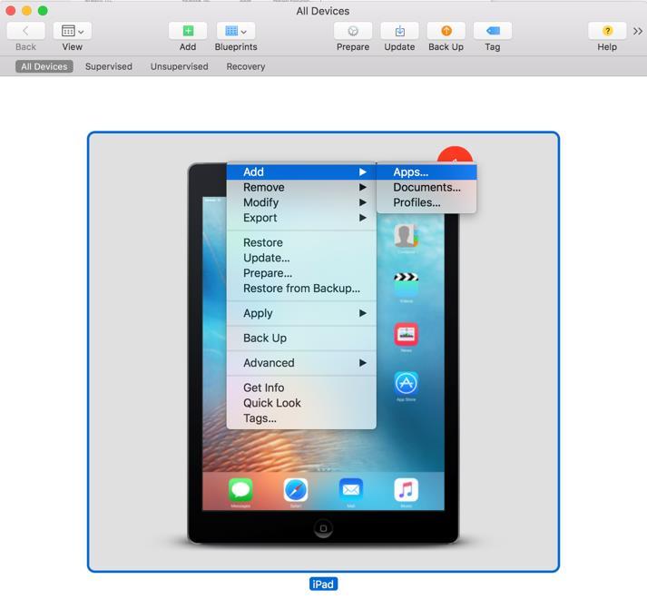 Select all ipads (Command + A) 4. Right click > Add > Apps. Refer to Figure 19.