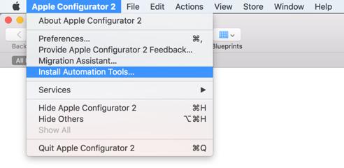 Figure 5 b) Set up Automator using Apple Configurator 2 1. Open Apple Configurator 2 2. Click Apple Configurator 2 on the top left of the navigation bar, near File 3. Click Install Automation Tools.