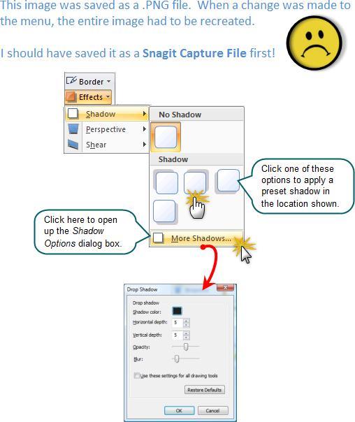 If you save your image first as a Snagit Capture File, all vector objects remain in place and can be changed, moved, sized, and deleted when the image is opened again.