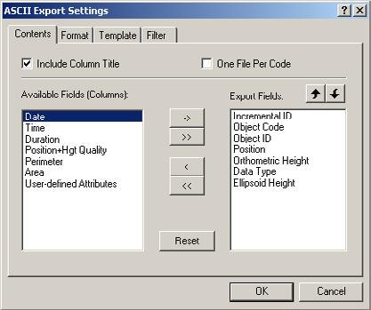 The Contents Tab allows you to select which attributes are exported to the ASCII file as well as the order of the exported data.