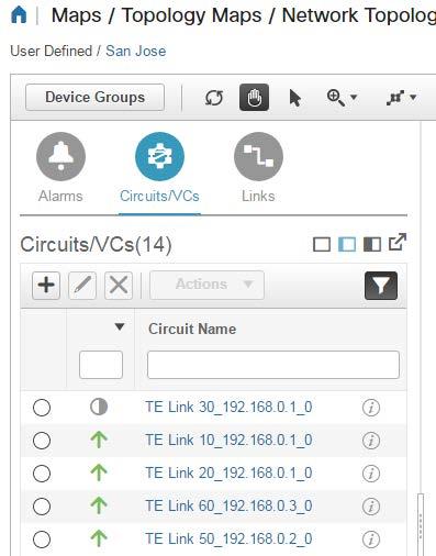 To evaluate the progress of provisioning, on the Network Topology Map: Open the device group that contains the devices that are being provisioned, and then click Circuits/VCs.