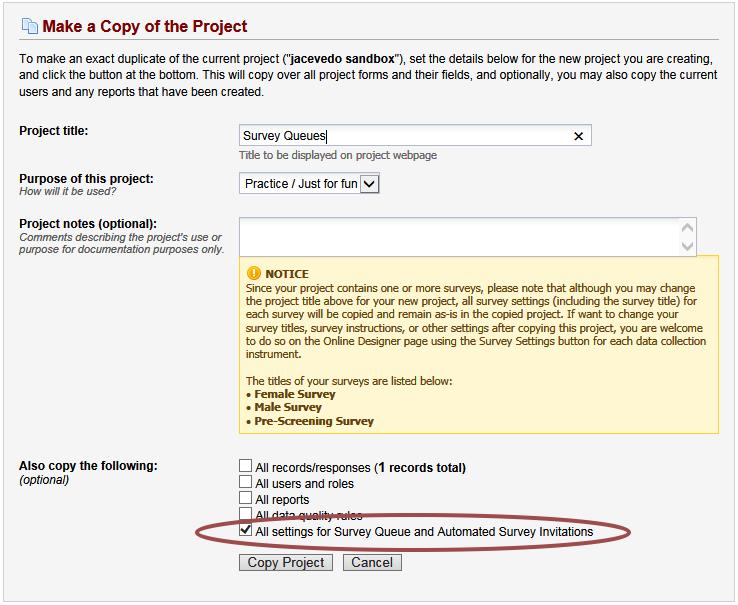 CHOICE FOR COPY PROJECT All settings for Survey Queues and Automated