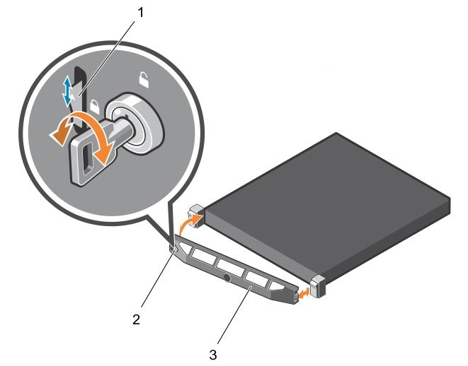 1 Locate and remove the bezel key. NOTE: The bezel key is attached to the back of the bezel. 2 Hook the right end of the bezel onto the chassis. 3 Fit the free end of the bezel onto the system.