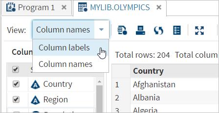 Display 10. Choosing to Display Column Labels Instead of Column Names Here is the OLYMPICS data set showing the column labels instead of the names.