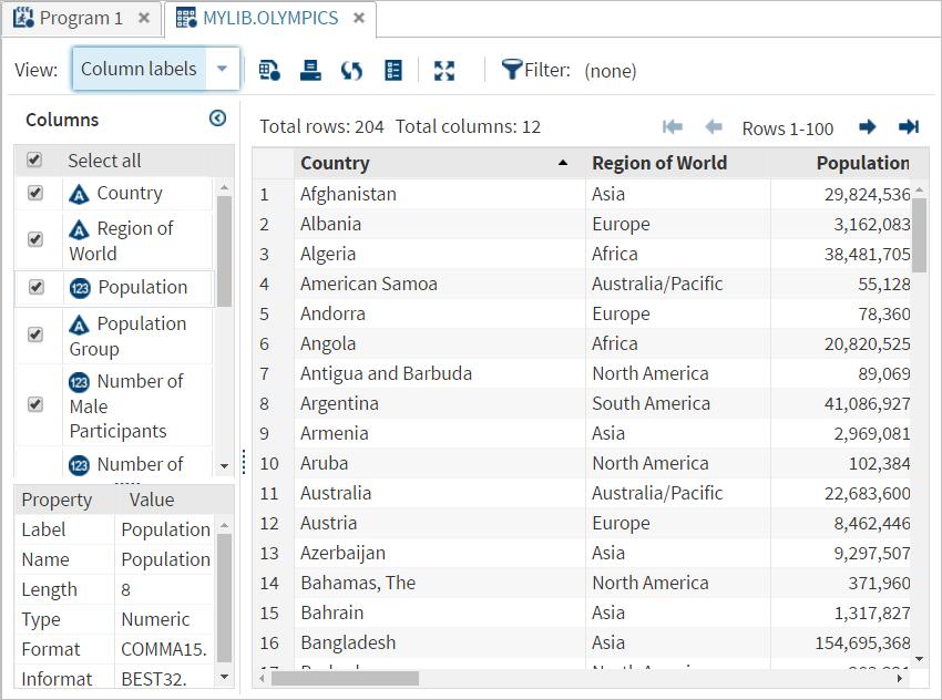 The OLYMPICS Data Set Showing Column Labels Instead of Names SORTING DATA IN THE TABLE VIEWER If you click a column heading, SAS will sort the data set by that variable in ascending order.
