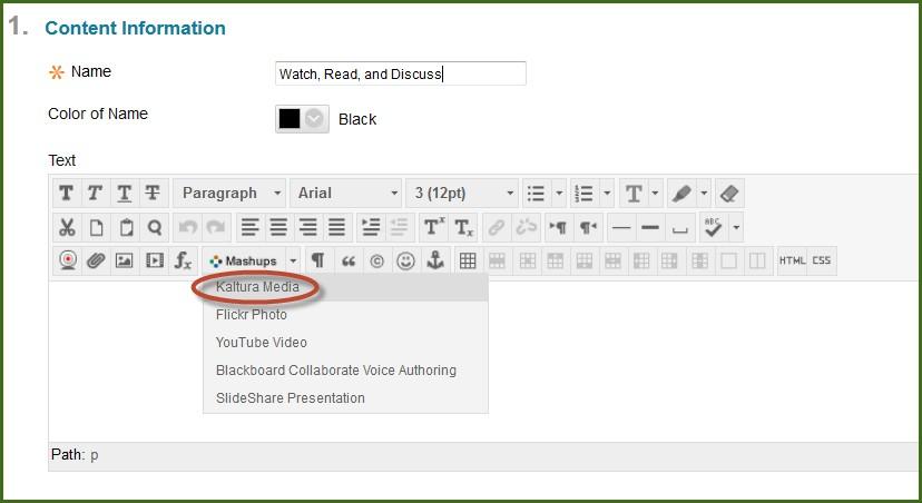 ii. Using a Mashup from the WYSIWYG toolbar in any content item You can add or create media as a mashup anywhere in Blackboard where the WYSIWYG toolbar appears.