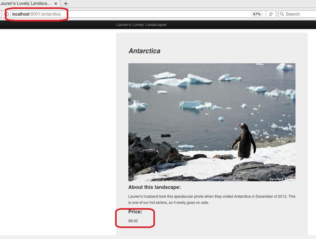 4. Open a browser window to the Express server 5. Select the Antarctica print and note the print has changed price. Page 9 of 10 Deploy the changed code to Bluemix 1.