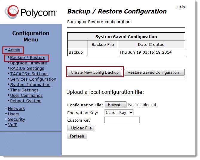 Figure 5 Backup / Restore Configuration 3. Click Create New Config Backup. A pop up box displays to alert you that you will be overwriting a previously saved configuration. 4.