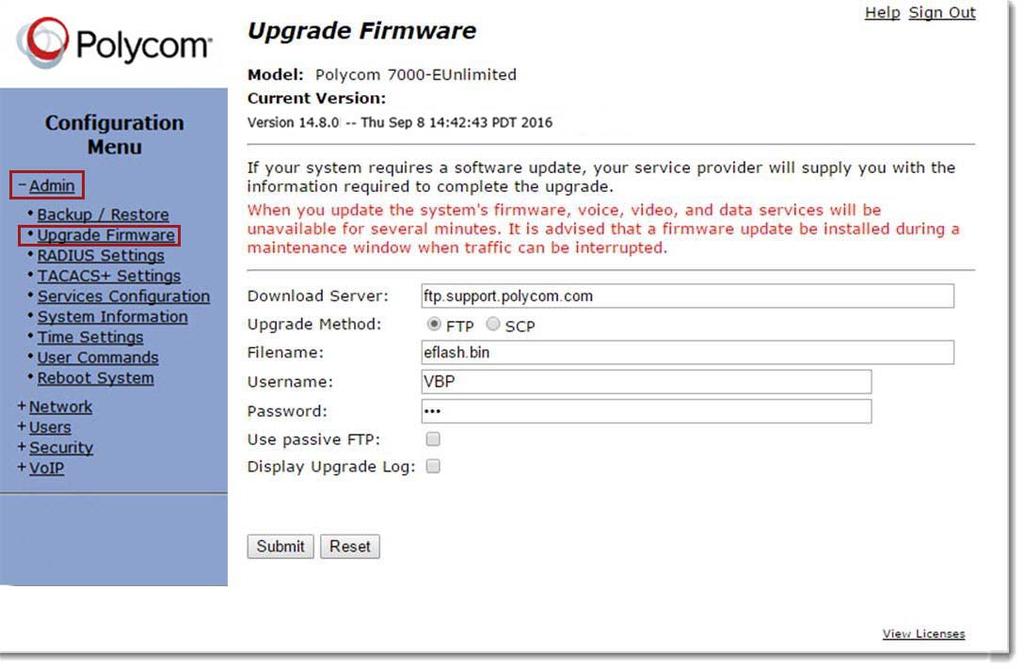 Figure 7 Upgrade Firmware 3. Enter the firmware upgrade information: a. Enter the Download server: ftp.support.polycom.com b. Select the Upgrade Method: FTP c. Enter the filename: eflash.bin d.