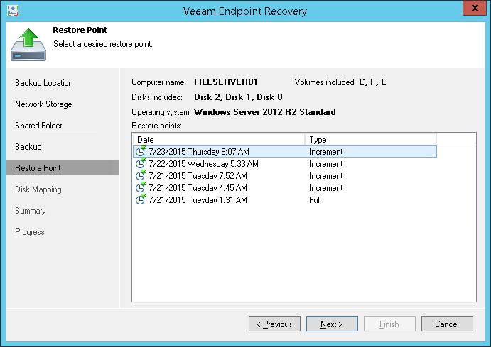 Step 7. Select Restore Point At the Restore Point step of the wizard, select a restore point from which you want to recover data. By default, Veeam Endpoint Backup uses the latest restore point.