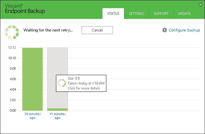 Viewing Information About Job Retries If the backup job has failed for some reason, Veeam Endpoint Backup retries it every 10 minutes within 23 hours.