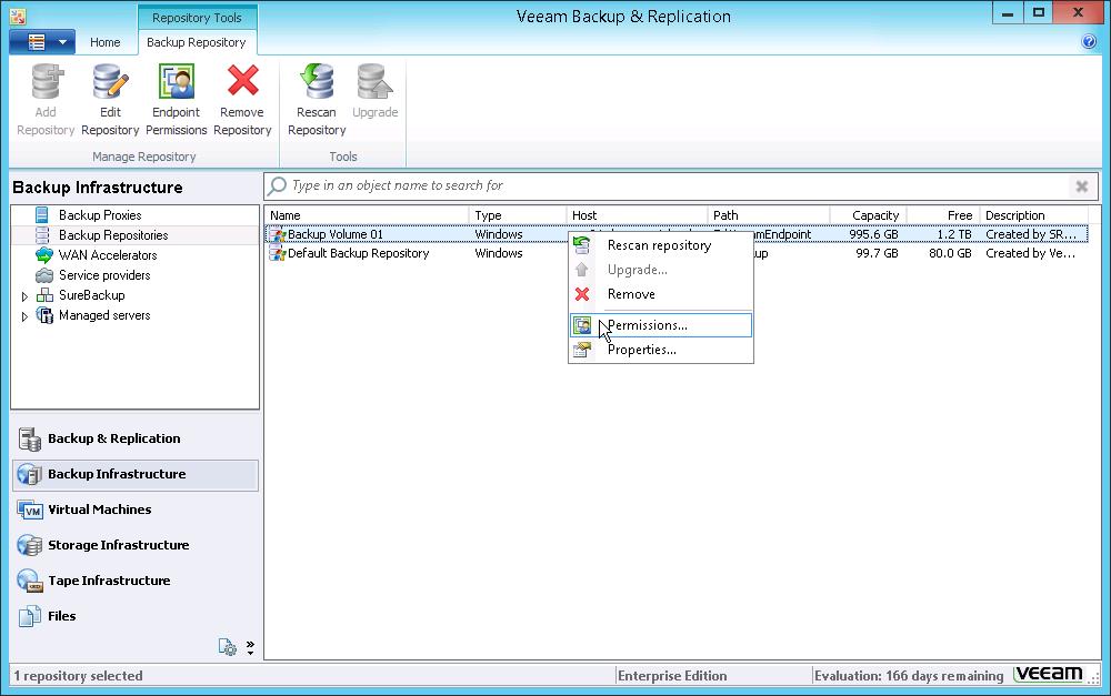 Setting Up User Permissions on Backup Repositories To be able to store backups on a backup repository managed by a Veeam backup server, the user must have access permissions on this backup repository.