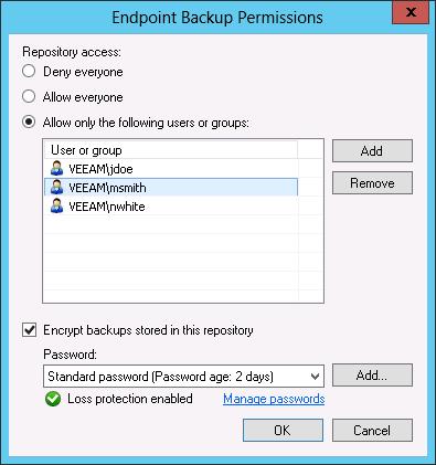 4. In the Endpoint Backup Permissions window, specify to whom you want to grant access permissions on this backup repository: Allow everyone select this option if you want all users to be able to
