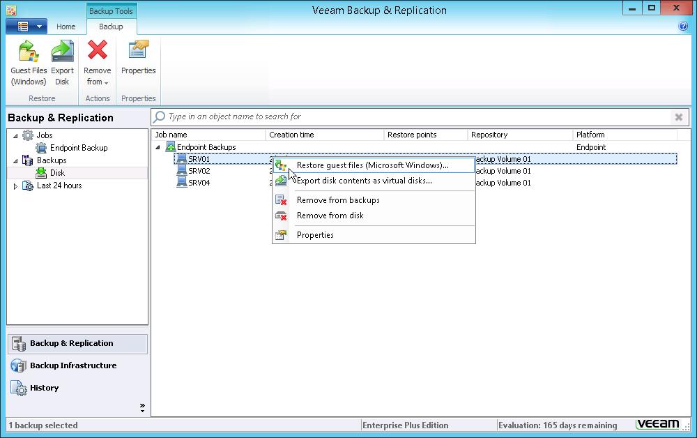 Performing Restore Tasks You can perform the following restore operations: Restore individual files and folders from Veeam Endpoint backups Restore application items from Veeam Endpoint backups with