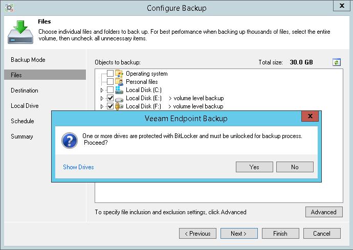 BitLocker Encrypted Volumes Support Veeam Endpoint Backup supports scenarios of data backup and restore to/from volumes encrypted with Microsoft Windows BitLocker.