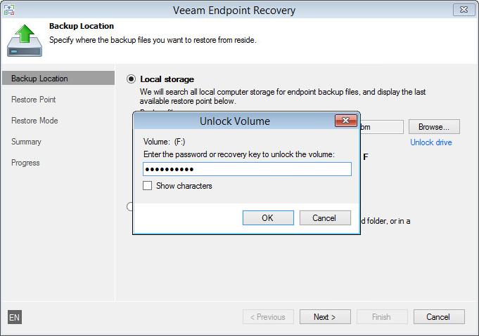 Veeam Recovery Media If you boot from the Veeam Recovery Media, you can restore data from backups stored on BitLocker encrypted volumes and restore data to BitLocker encrypted volumes.