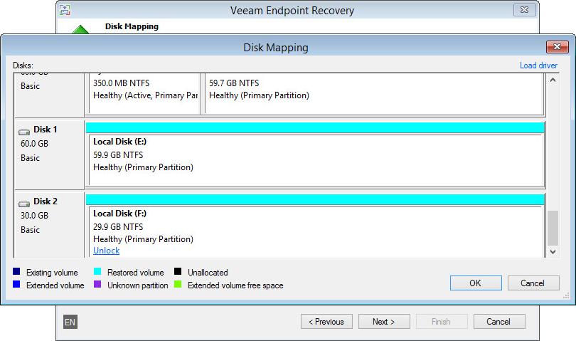 If the target volume is BitLocker encrypted and locked, at the Restore Mode step of the wizard Veeam Endpoint Backup displays a warning informing about it.