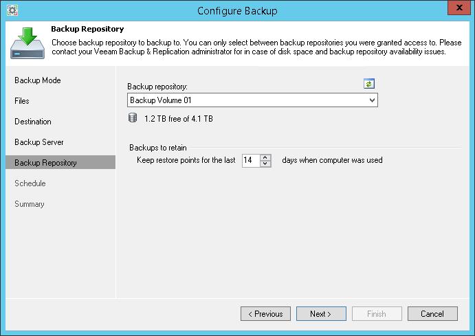 Step 9. Select Backup Repository The Backup Repository step of the wizard is available if you have chosen to save backup files on a Veeam Backup & Replication repository.