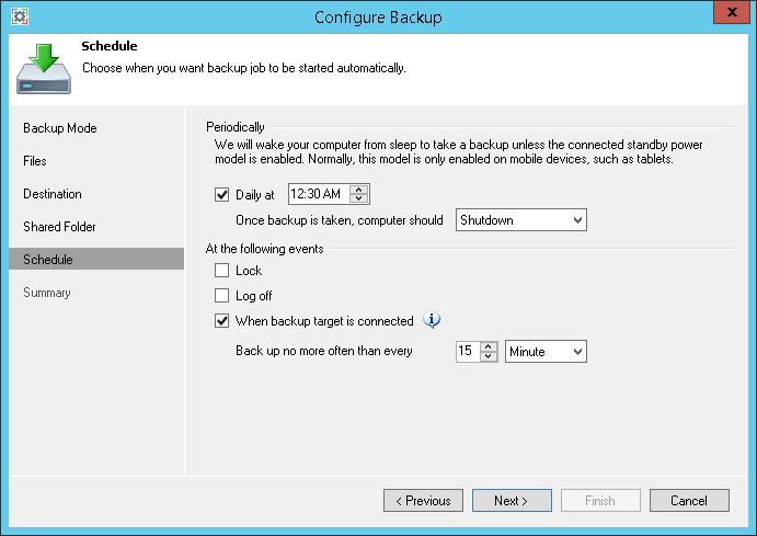 Important! If the power scheme on your computer does not allow using wake up timers, Veeam Endpoint Backup will ask you to change the power scheme settings.
