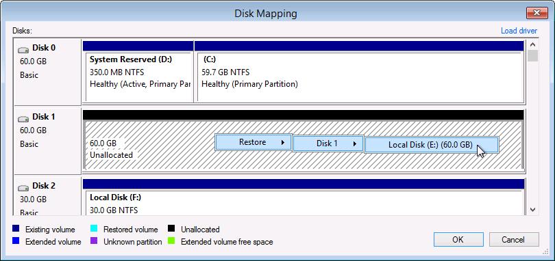 b. Right-click unallocated disk space in the disk area on the right and select what volume from the backup you want to place on this computer disk.